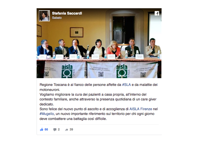 Il post su facebook dell'assessore regionale Saccardi